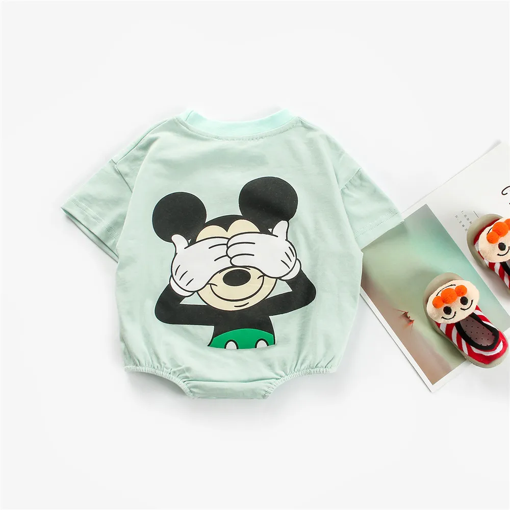 Летние детские комбинезоны; хлопковая одежда для маленьких мальчиков и девочек; детские комбинезоны с коротким рукавом с Микки и Минни; Одежда для новорожденных - Цвет: Green