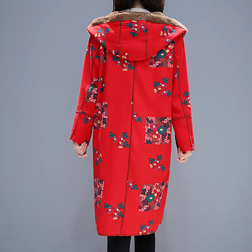 Женское винтажное плотное пальто из флиса с длинным рукавом, длинное пальто на пуговицах, верхняя одежда, парки с цветочным принтом, тонкая черная женская одежда moda