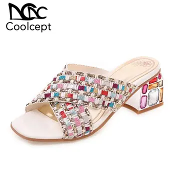 

Coolcept Summer Sandals Women Crystal Square Heels Slippers Open Toe Bling Daily Holiday Beach Shoes Women Footwear Size 33-46