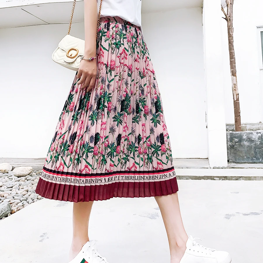 

Beautiful Pleater Skirt Summer Women Floral Print Pink Midi-length Retro Casual with Lining Wide Elastic Waist Light Fabric 2020