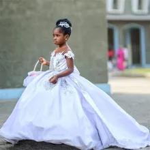 Белые Платья с цветочным узором для девочек на заказ с рукавами-крылышками, кружевные атласные платья для маленьких причастий