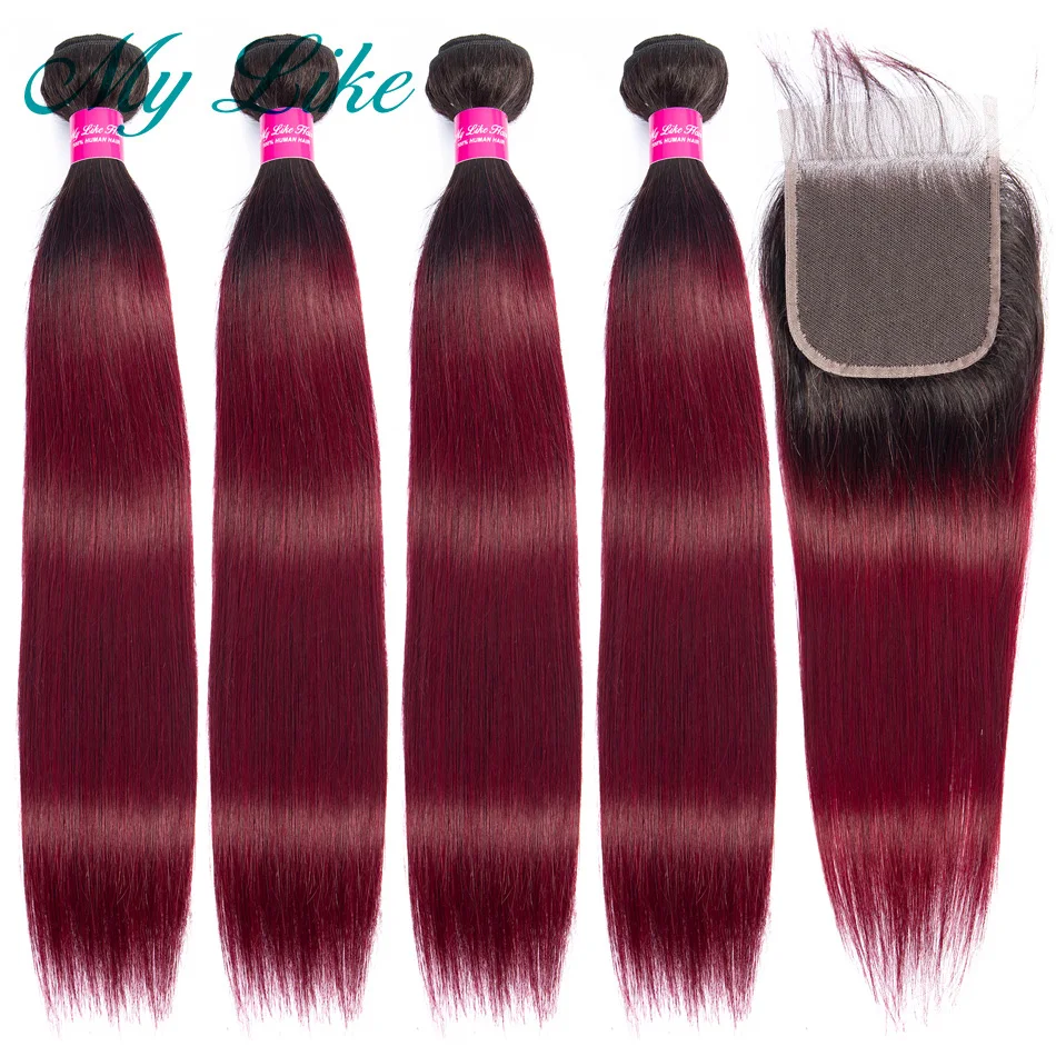 

Straight Hair Bundles with Closure 1b/99j Red Burgundy Ombre Brazilian Hair Weave Bundles 100% Human Hair Bundles with Closure