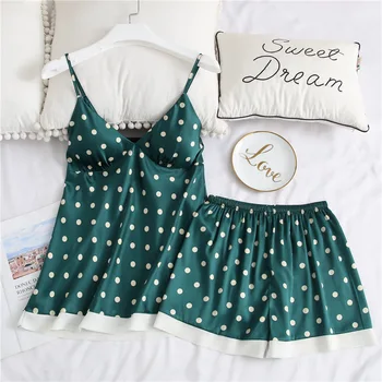 

Homewear Women Intimate Lingerie Strap Top&Shorts Sexy Satin Silky Dot 2PCS Pajamas Set Home Clothes Casual Sleepwear Pijamas