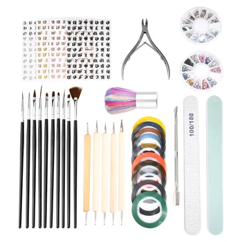 

36pcs Nail Set Manicure Set Strass Nail Rhinestones Cutcile Fork Nail Files Dust Brush Dotting Pen Tape Lines Decals Nail Tools