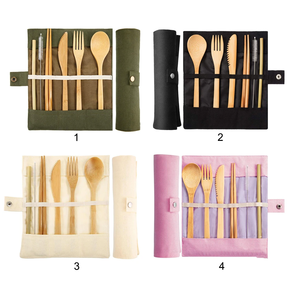 

7pcs Eco-friendly Straw Kitchen Utensil Portable Bamboo Utensils Travel Cutlery Set Chopsticks Spoon Fork Straw and Storage Bag
