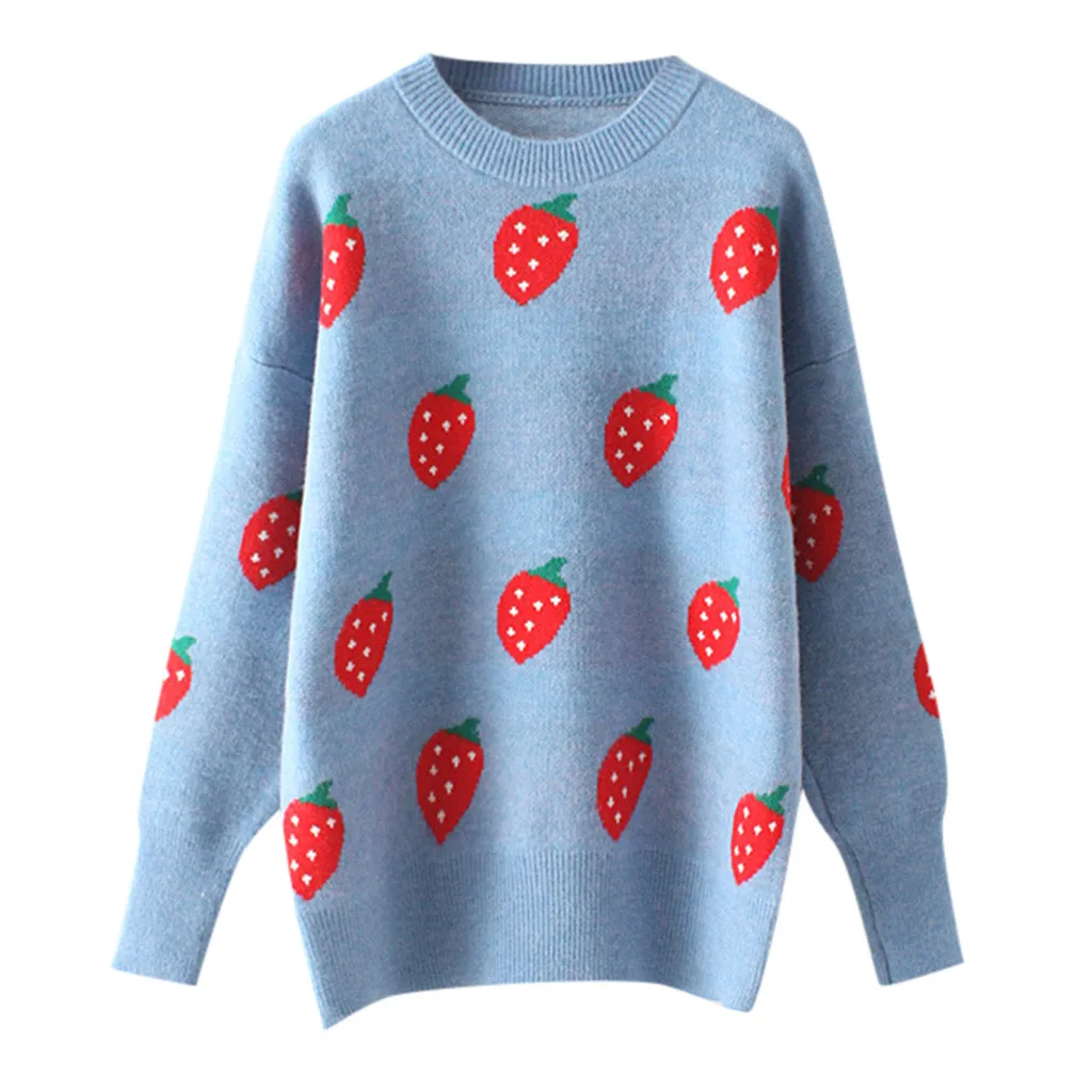 Blue Ull Femme, зима, круглый вырез, длинный рукав, клубника, вязаный, толстый свитер, женский, Повседневный, корейский, ленивый, пуловеры# O - Цвет: Blue