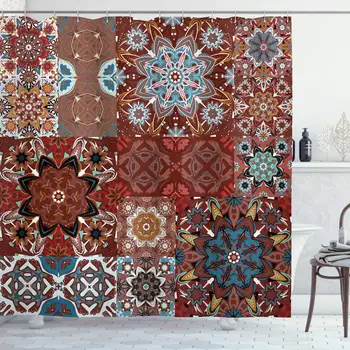 

Victorian Shower Curtain, Classic Victorian Floral Motives and Mandala Pattern, Cloth Fabric Bathroom Decor Set with Hooks