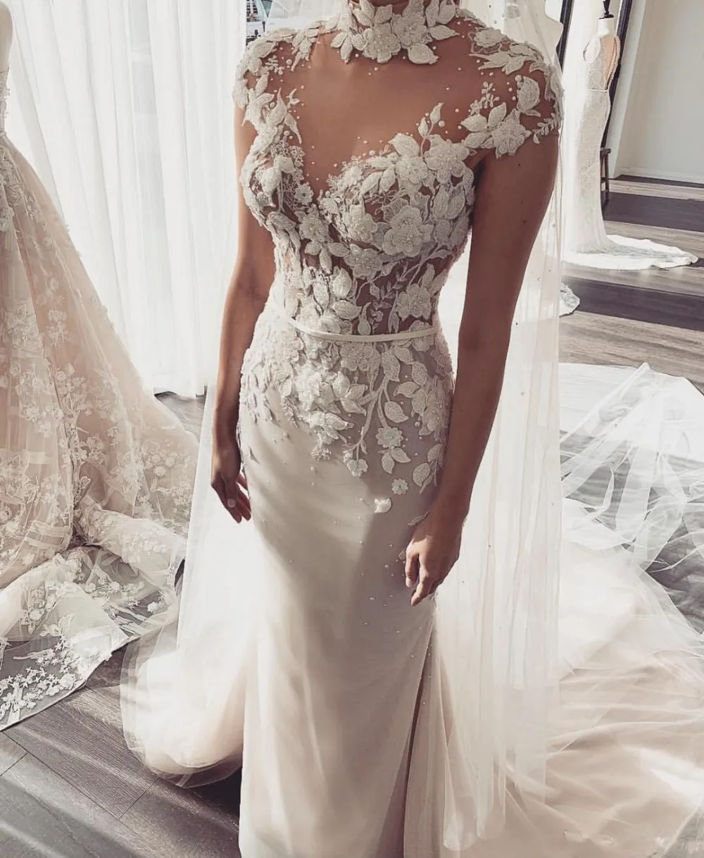 Vestido de noiva Русалка Свадебные платья с высоким воротом Кружева свадебное платье с аппликацией развертки поезд на заказ свадебное платье de mariee