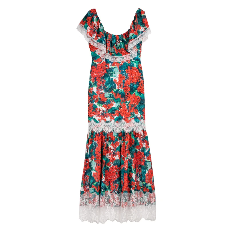 VERDEJULIAY Vintage Maxi Dress Spring Summer Fashion XXL Cloak Slash Red Flower Print Bodycon Lace Patchwork Long Dress