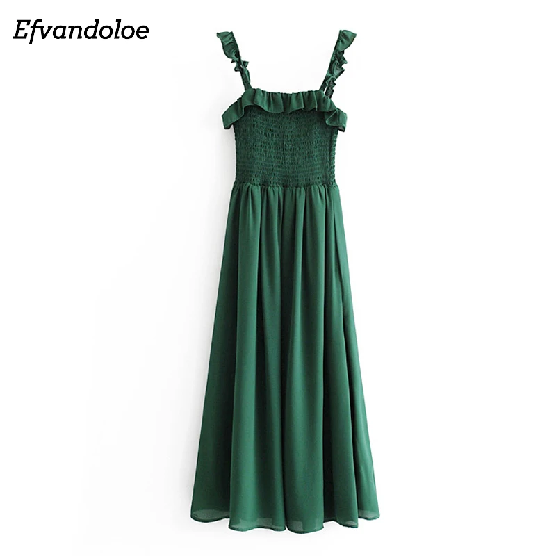 

Efvandoloe Spaghetti Strap Green Dress Women Empire Party Evening Dresses Mid calf Sundress