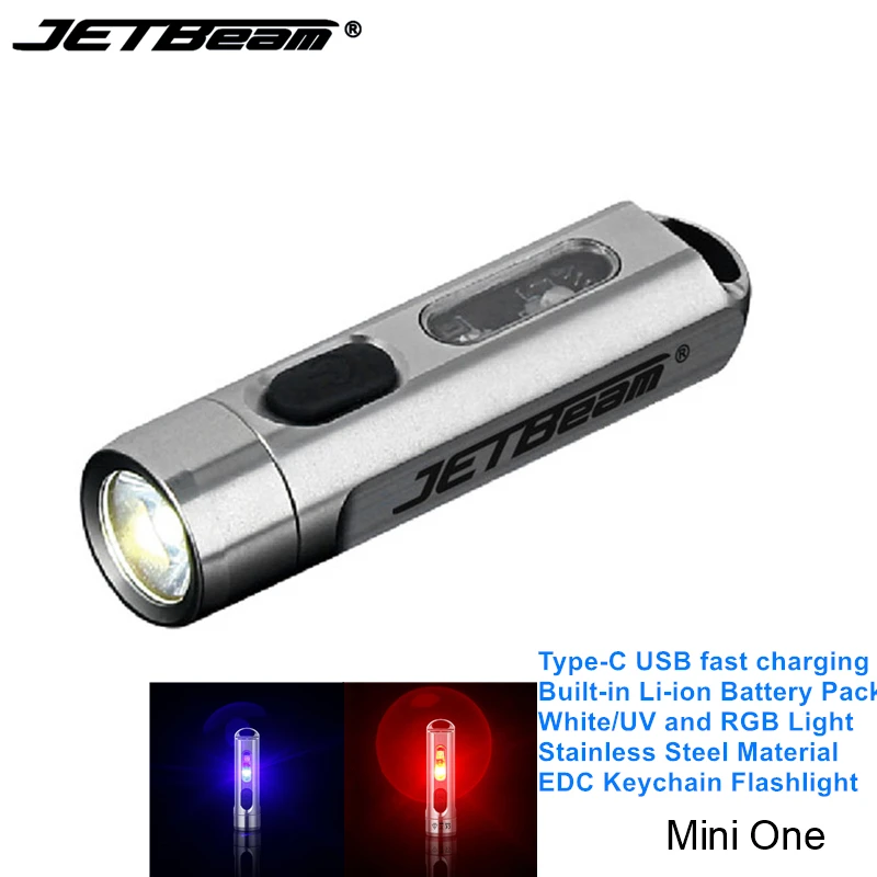 Jetbeam Mini One Stainless Steel 365nm UV LED EDC Flashlight Portable Ultraviolet  Key-chain Torch with Type-C USB Charging