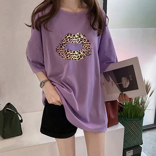 Korean Style Female T-shirt Pure Color M-XL Oversized Women Tops Harajuku  Simple Basic Tee Shirt Feminina White Casual O-neck Purple