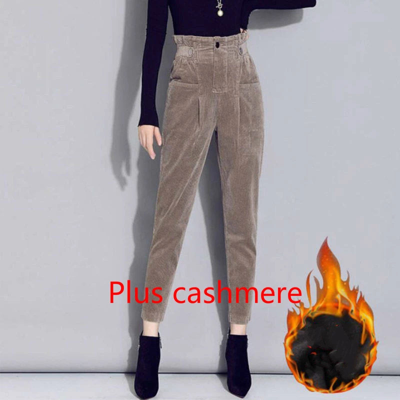 

Plus Velvet Corduroy Pants 2020 Autumn Winter New High Waist Small Feet Harem Pants Elastic Waist Carrot Pants Women