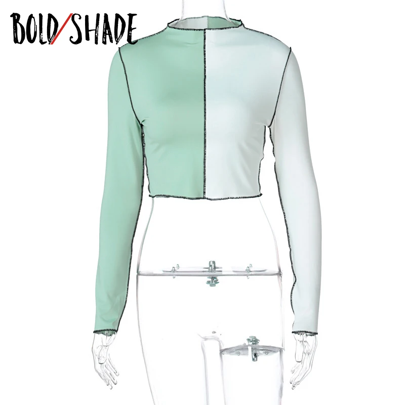 Bold Shade 90s Vintage Indie Aesthetic Crop Top Patchwork Long Sleeve Fashion Streetwear T Shirts Women Skinny Grunge Autumn Tee