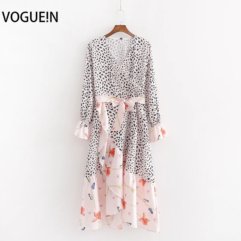 VOGUEIN New Womens Retro Long Sleeve Floral Print V-Neck Asymmetrical Pink Belt Midi Dress Wholesale | Женская одежда