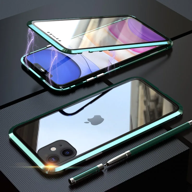 green 360 полный защитный Магнитный чехол для iPhone XR XS MAX X 8 7 Plus чехол из закаленного стекла для iPhone 11 Pro Max чехол coque Funda - Цвет: green