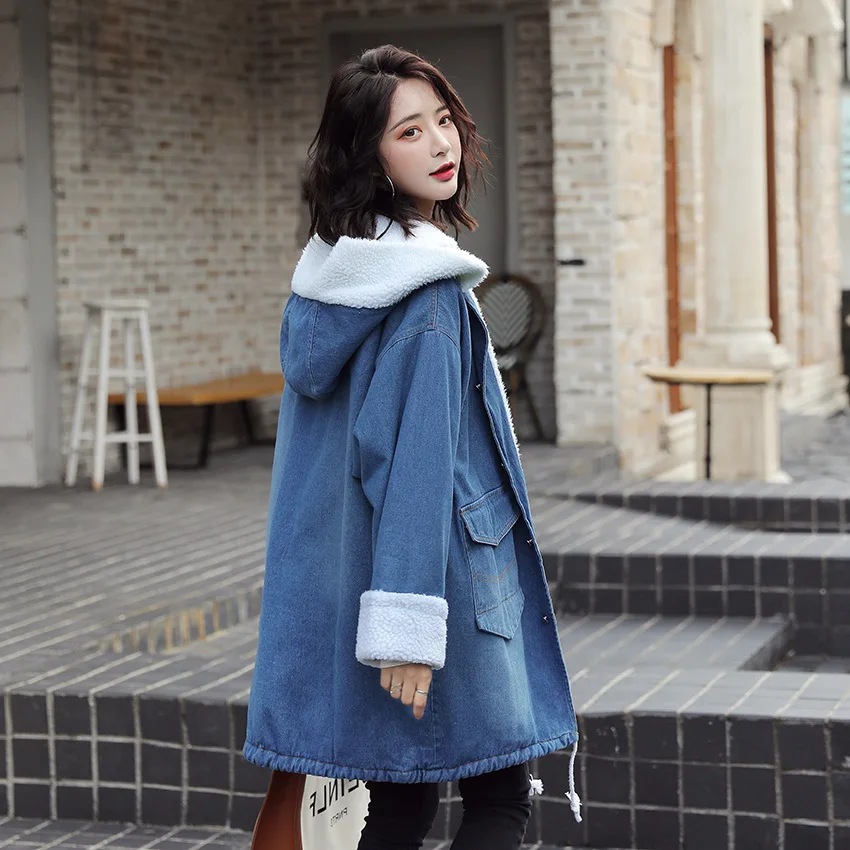 

2019 Winter New Style Large Size Lambs Wool Cotton Coat Hooded Brushed And Thick Cowboy Cotton Overcoat Women's Mid-length Fashi