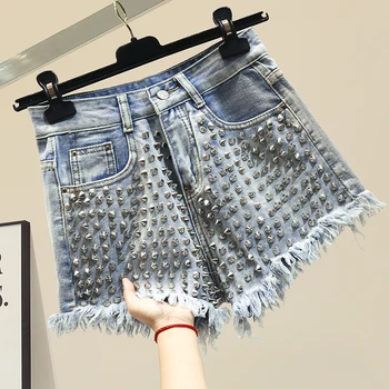 

Ripped Jeans Shorts Woman Cool Handmade Rivet Tassels Slim High Waist Denim Shorts Girls Ladies Streetwear Harajuku Hot Pants