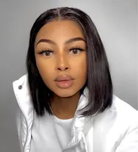Celie Bob-Peluca de cabello humano liso con encaje frontal, postizo de pelo liso con cierre de 4x4 de densidad 150