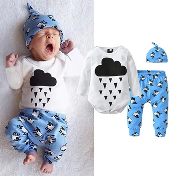 

New 3pcs Baby Boy Clothes Infant Baby Girls Clothes Raindrop Print Tops Romper Sheep Pants Hat Outfits Toddler Clothing