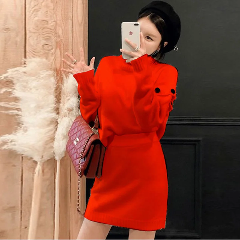 

Winter Women Knitted 2 Piece Set 2019 Runway Red Knitting Loose Warm Turtlenek Sweater Top + Elastic Waist Skirt Suits Outfits
