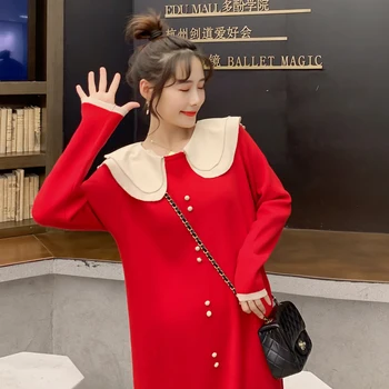 

2019 New Maternity Sweater Dresses Fashion Pregnancy Dress Solid Color Peter pan Collar Loose Pregnant Women Dress Long Vestido