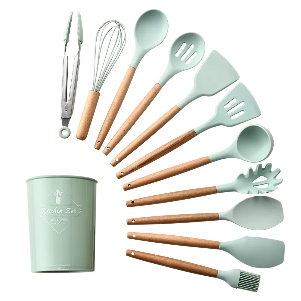 Силиконовые кухонные инструменты Наборы для приготовления пищи ложка для супа лопатка Черпак с деревянной ручкой термостойкие кухонные принадлежности аксессуары - Цвет: Blue 12Piece