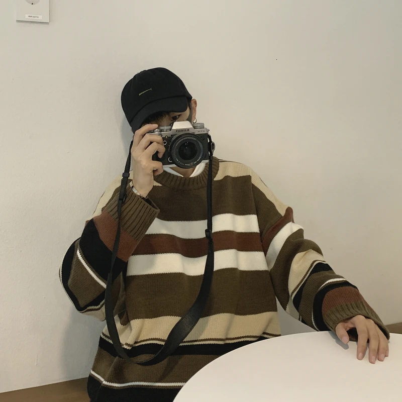 Striped Sweater Men Warm Fashion Contrast Color Casual O-neck Knit Pullover Men Streetwear Knitting Sweaters Male Sweter Clothes - Цвет: Brown brown