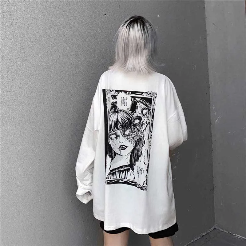 NiceMix/женская футболка с изображением персонажей из мультфильма «ужас», свободные футболки в японском стиле в стиле панк, пуловер, Топ в стиле Харадзюку, уличные футболки