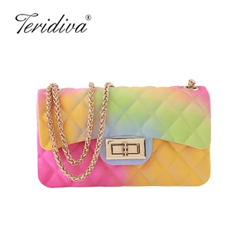 

Summer Designer Brand Rainbow Handbag 2020 New Shoulder Slung Version Small Fragrance V-line Chain Color Jelly Crossbody Bags
