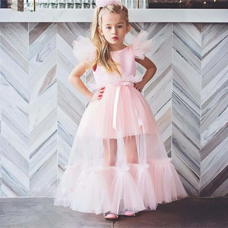 2020133pink flower girl dresses puffy tutu 1st baby birthday party gown kids clothes graduation dresses detachable gown