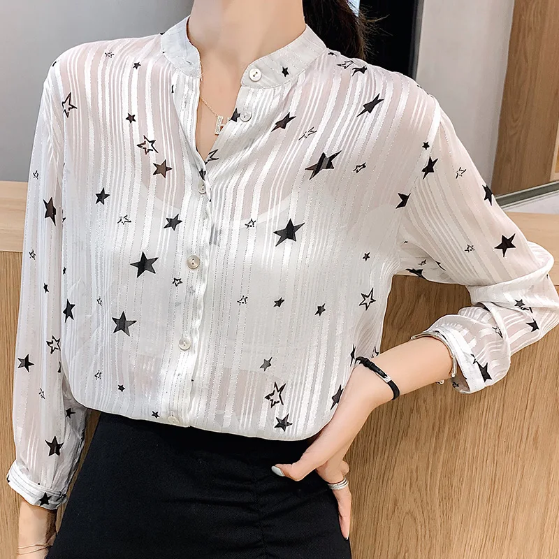 

Feminine Shirt New Autumn 2019 Star V-Collar White Women Top's Stripe Blouses Shirt Long Sleeves Star Print Chiffon Shirt 909B60