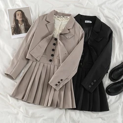 Estilo universitário curto terno jaqueta feminina 2021 primavera outono novo vintage all match jk uniforme estilingue vestido plissado terno de três peças