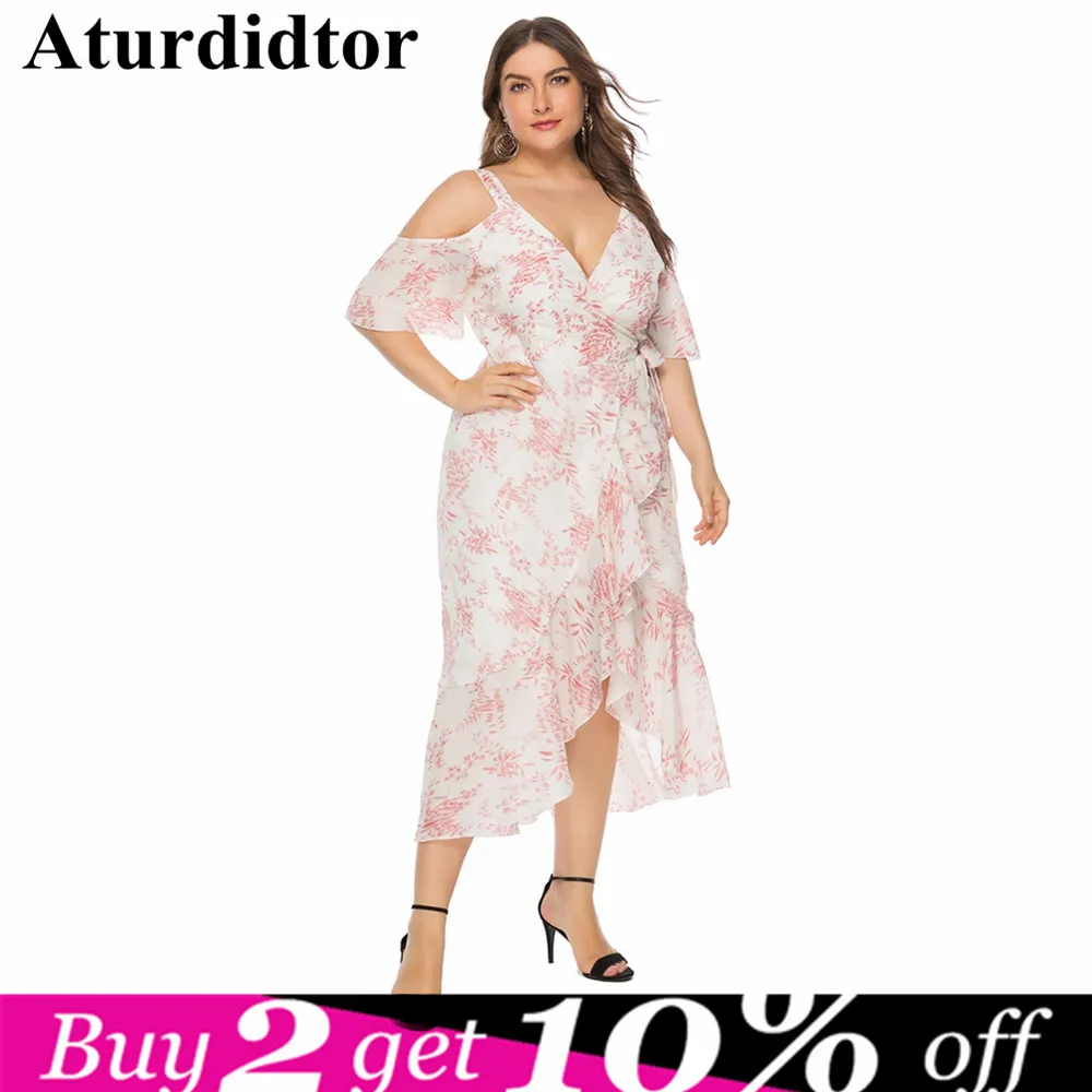 

Plus Size Dress Flounce Asymmetric Hem Cold Shoulder Floral Print