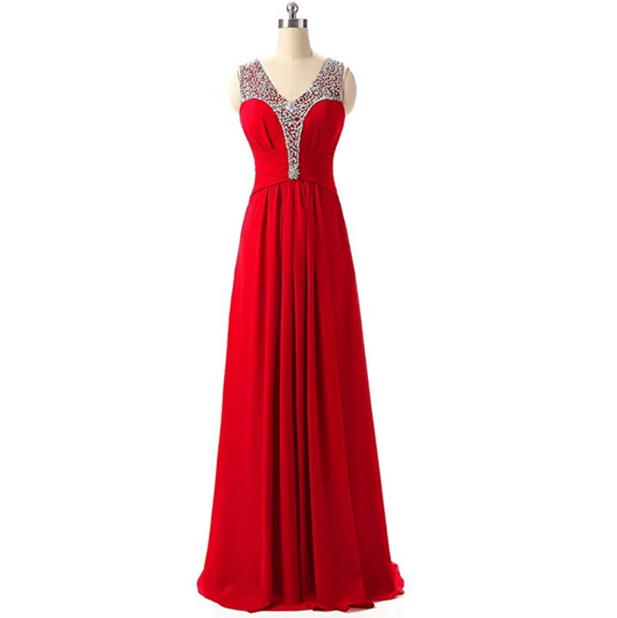 Красный Vestido madrinha, сексуальное шифоновое платье трапециевидной формы с v-образным вырезом, украшенное бисером, цвета: зеленый, синий, розовый, фиолетовый, желтый, длинное платье подружки невесты для свадебной вечеринки - Цвет: Красный