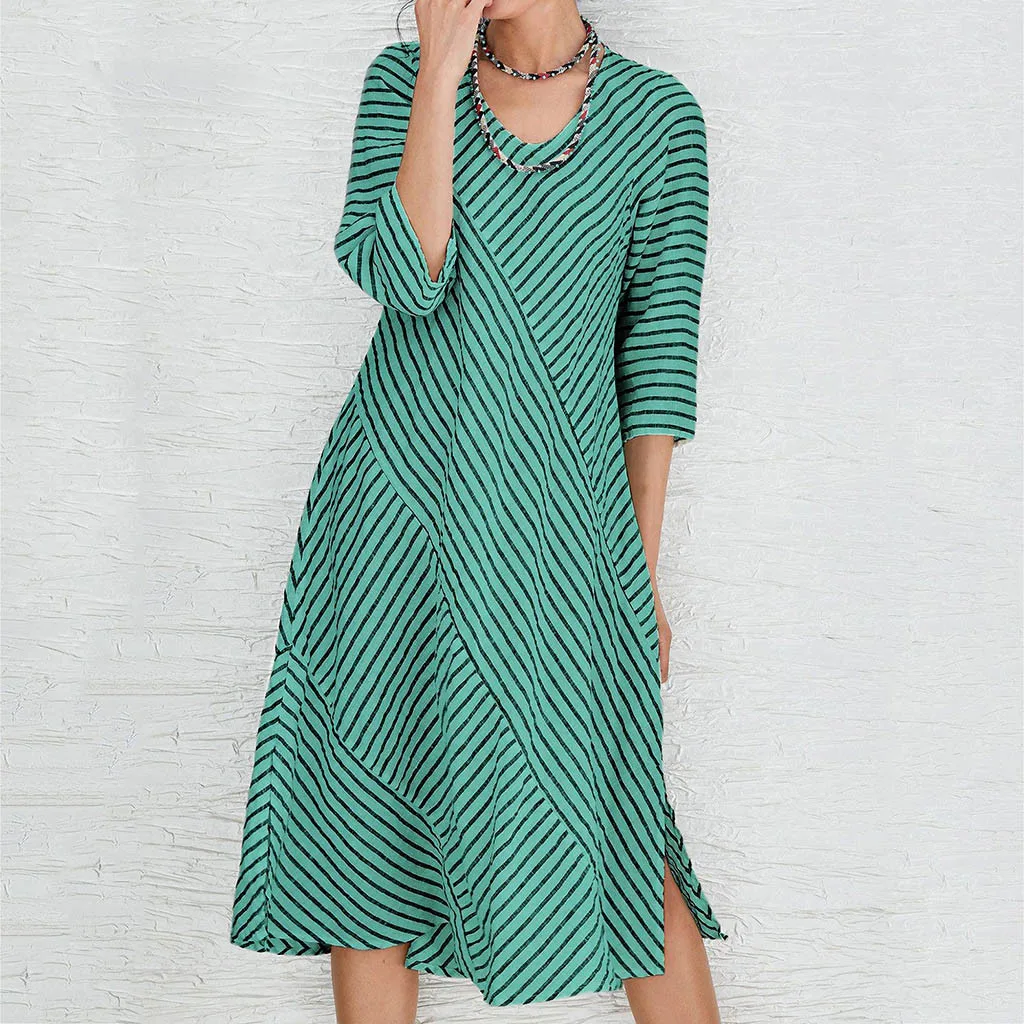 Tide New Spring Summer Round Neck Half Sleeve Irregular Strieped Printing Poket Big Size Dress Women Female Natural Casual |