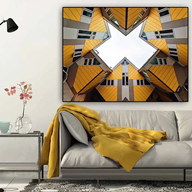 

RELIABLI Poster Wall Art Canvas Painting Yellow Architecture Cube Wall Pictures for Living Room Home Decoration Cuadros Unframed