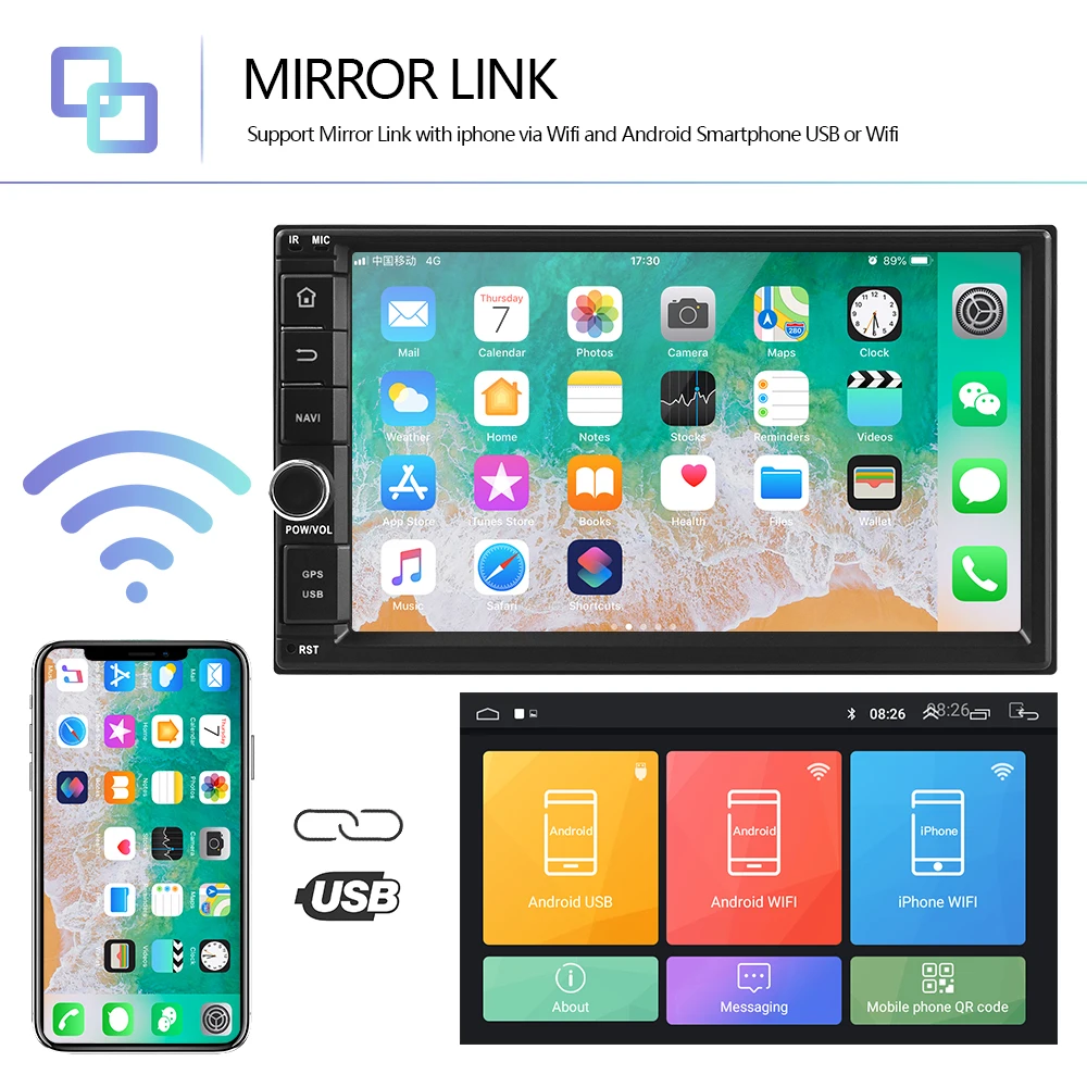 Hikity Универсальный 2din Android 8,1 автомобильный с радио, gps, wifi 2 din Bluetooth мультимедийный плеер ISO Android Зеркало Ссылка аудио стерео