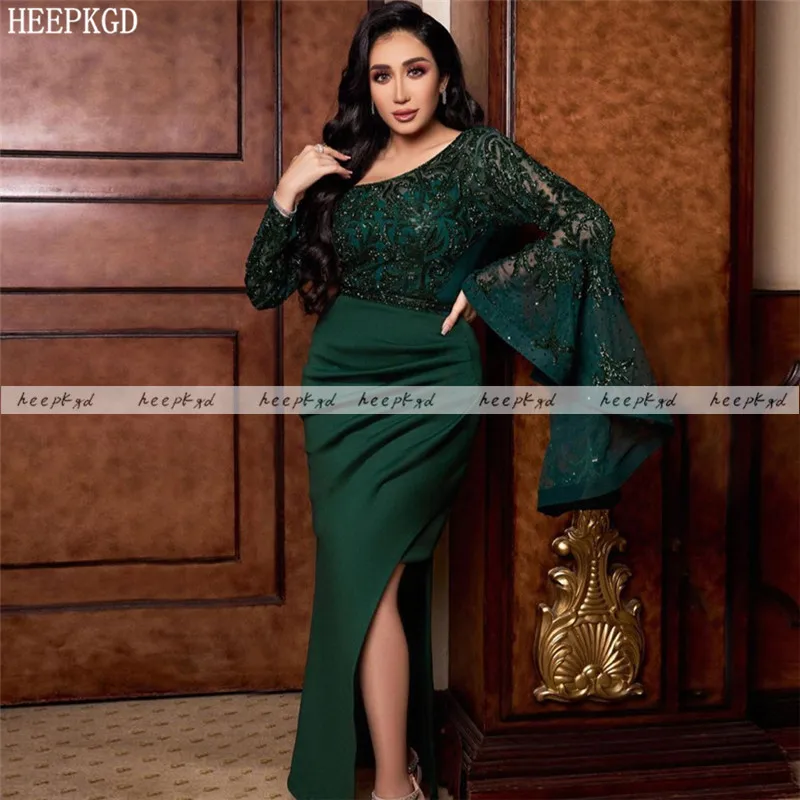 Luxury Crystal Dark Green Arabic Evening Dress Sheath Side Slit Long Flared Sleeves Plus Size Dubai Prom Gowns Formal Dresses | Свадьбы и