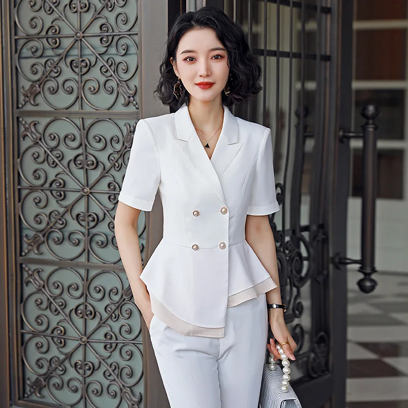 

Short Sleeve WOMEN'S Suit Spring Summer New Style Irregular Lotus Leaf Hem Slim Fit Slimming Commuting Work Clothes Formal Wear