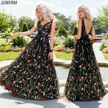 

New Sexy V Back Black Floral Sleeveless Illusion Appliques Elegant V Back Party Formal Dress Floor Length Evening Dresses