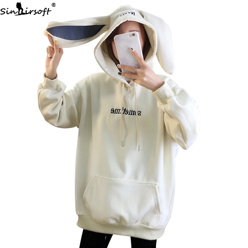 

Winter New Loose Plus Size Plus Velvet Thick Pullover Women's Fashion Letters Embroidery Rabbit Ears Hooded Warm Clothes Women