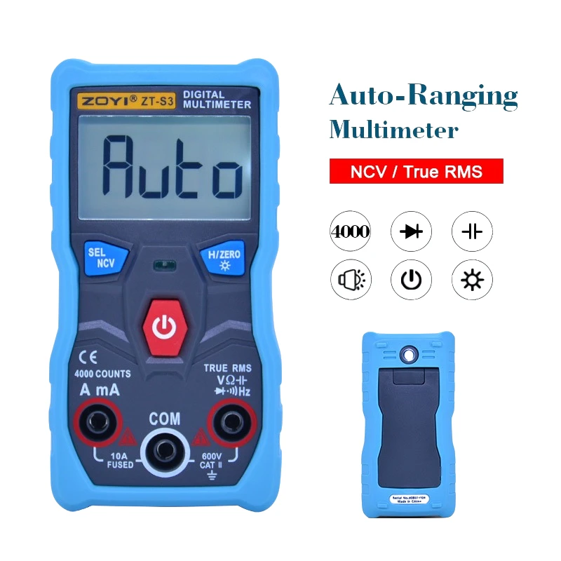 

ZOYI ZT-S3 Digital Multimeter True RMS 4000 Counts Autoranging AVO Meter AC DC 600V Voltmeter NCV Test LCD Backlight