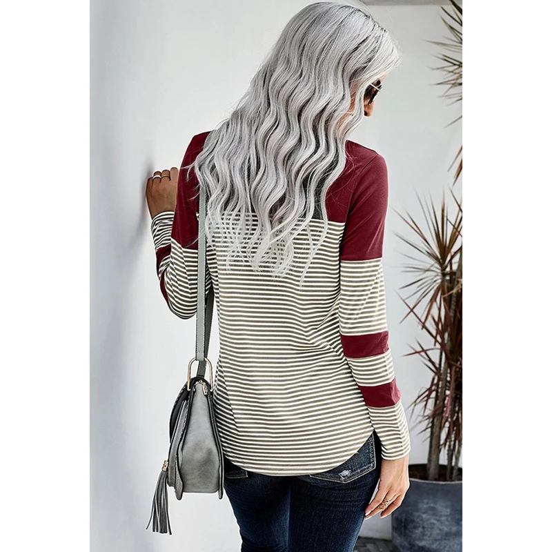 Sexy Woman T Shirts Striped Stitching Color Long-Sleeved Top Slim Slimming All-Match T-Shirt