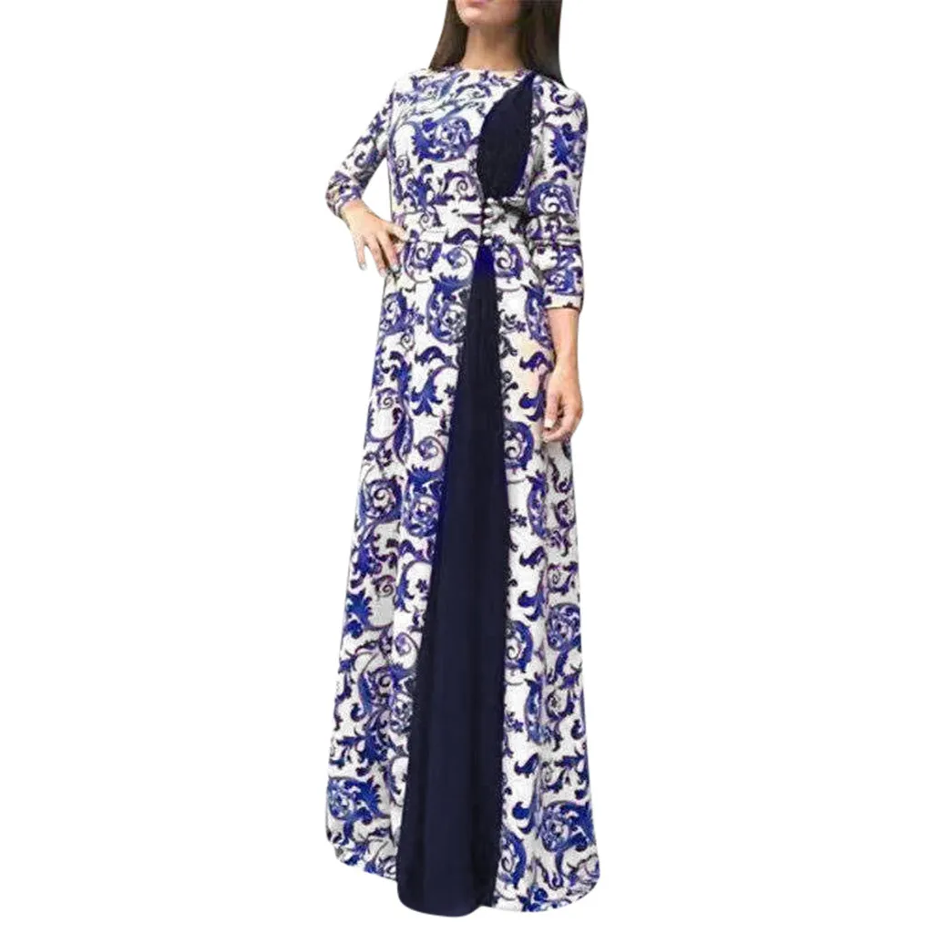 Blue Макси-Платье с принтом, трикотажное мусульманское, abaya, полная юбка, свободное кимоно, длинные халаты, Рамадан, Ближний Восток, Арабский исламский, одежда#3 - Цвет: Blue