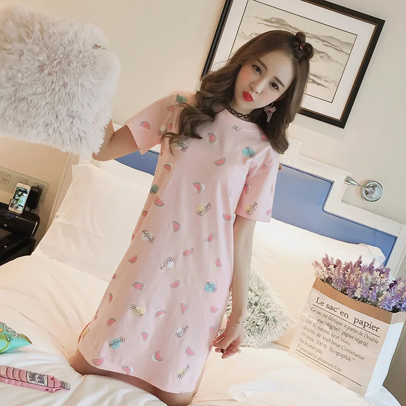 

Yixing Short Sleeve Pure Cotton Nightgown Women's Summer Mid-length Korean-style Cute Students Large Size Pajamas Women's Summer