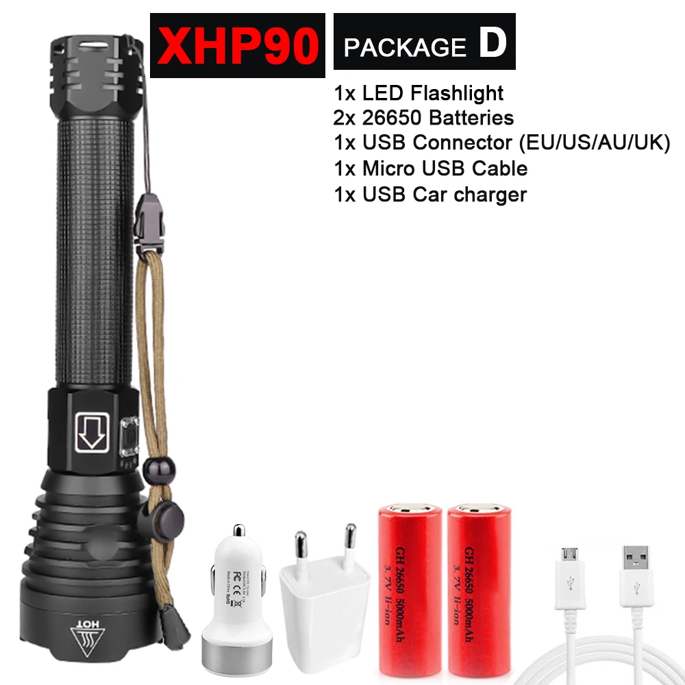 Супер яркий XHP90/70,2 светодиодный фонарик, супер мощный фонарь, USB лампа с зумом, фонарь с зумом, работающий от аккумулятора 18650 26650 - Испускаемый цвет: Package D-XHP90