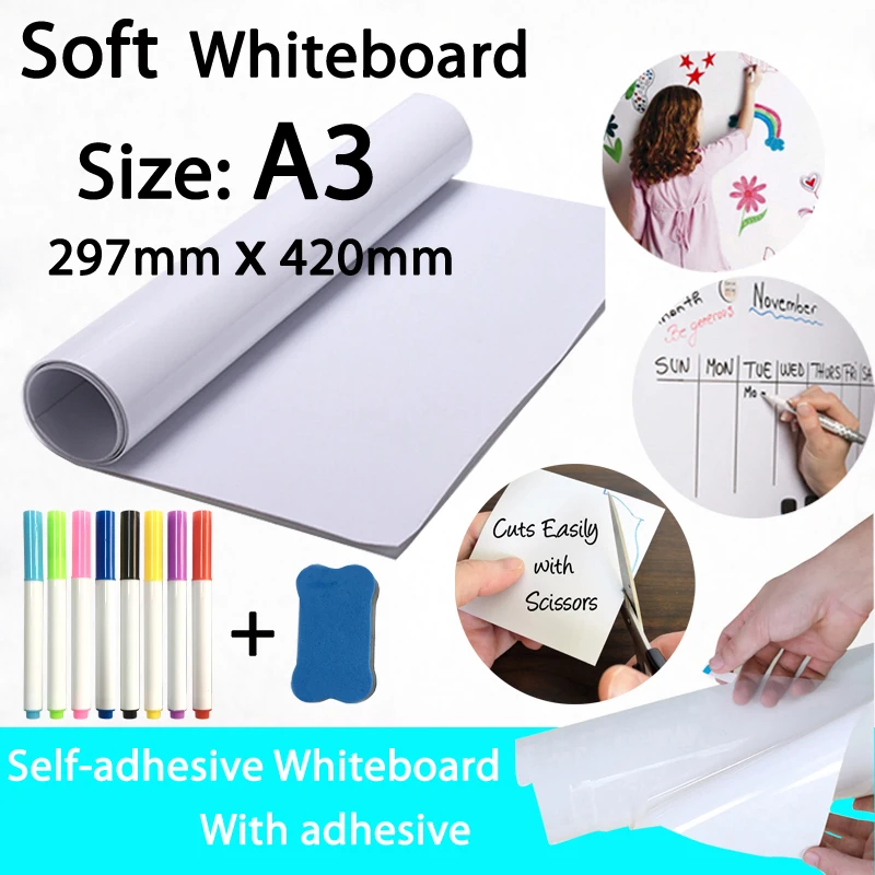 

A3 Size Self-sticking Whiteboard School Dry Erase White Board Message Board Fridge Wall Sticker with Marker Eraser