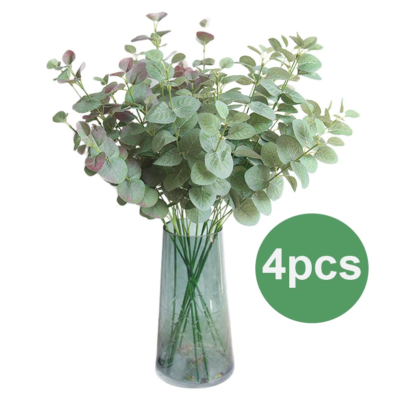 

4 Pcs Artificial Greenery Leaves Branch Eucalyptus Leaf in Green Silk Plastic Plants Floral for Home Party Wedding Room Decor