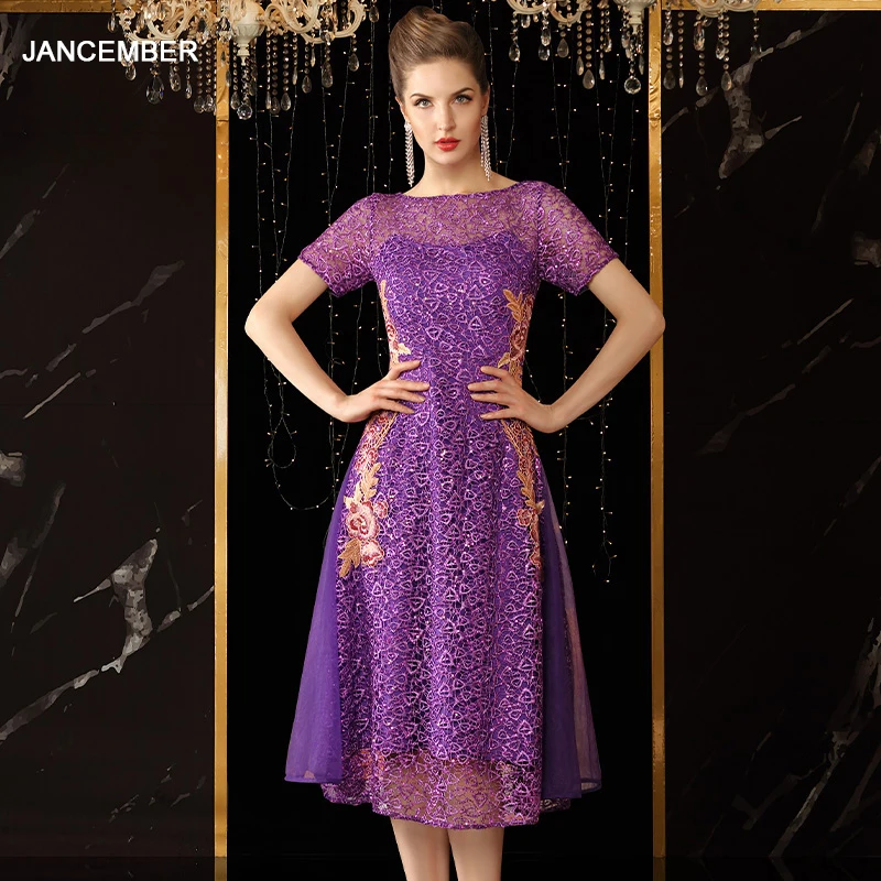 

J8-3 jancember evening dress short o-neck short sleeve pattern lace aficn party dresses robe de soiree courte 2020 nouvelles
